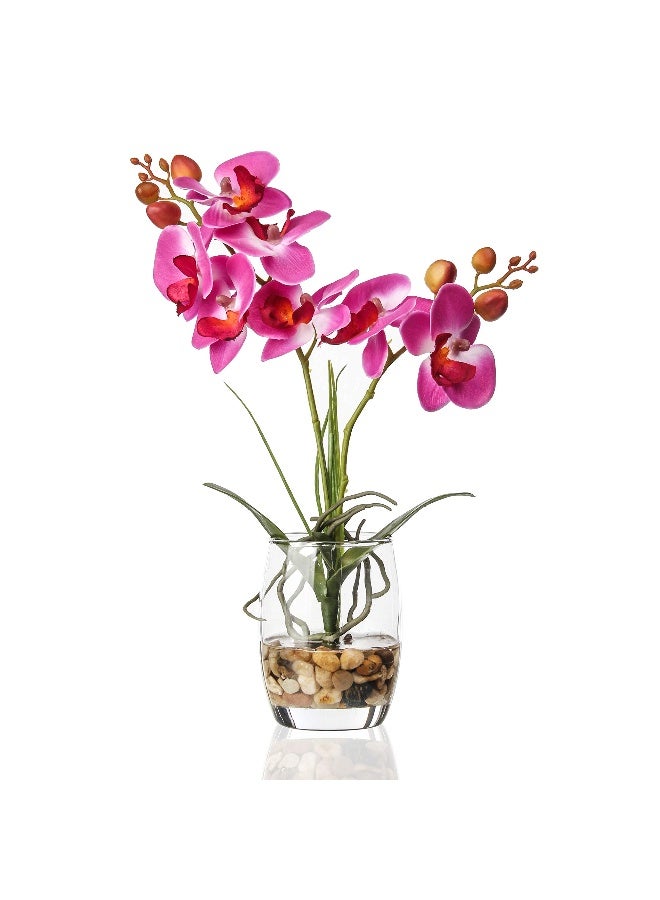 Jusdreen 1 Pcs Glass Vase Artificial Orchid Flower Bonsai Vivid Phalaenopsis Flowers Potting for Home Office Décor, Table Centerpiece Room Decorations 14.5"(Glass Vase/Purple Orchid) - Image 1